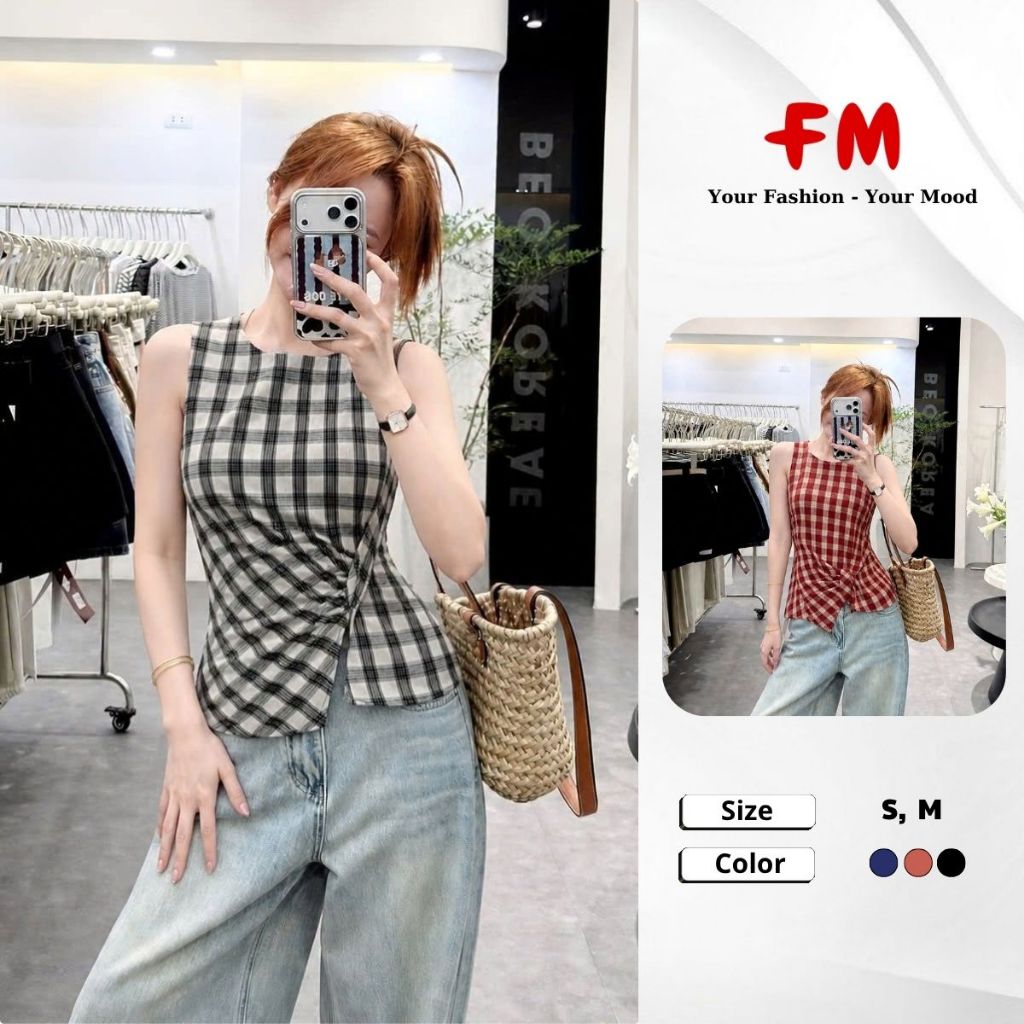 Áo Kiểu Nữ FMSTYLE Sát Nách Caro Xoắn Eo Xẻ Tà Thời Trang Hàn Quốc 26060058