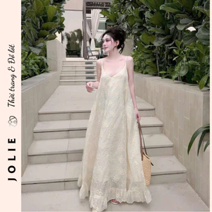 Váy Cực Maxi Hai Dây Tơ Thêu Hoa Dáng Xòe Tầng Cao Cấp Jolie