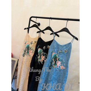 Váy lụa vân gấm hai dây thêu Sen Cam dáng dài