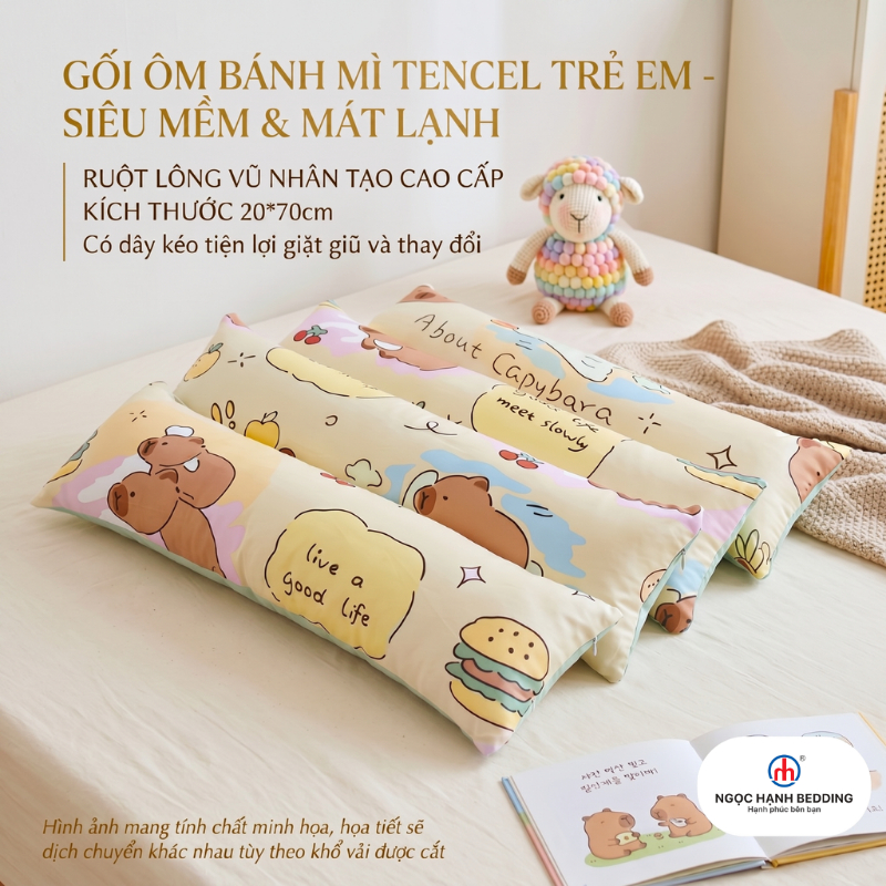 Gối ôm trẻ em đi học Lụa Tencel, Gối bánh mì, Gối trẻ em Mát lạnh, mềm mại - Ngọc Hạnh Bedding