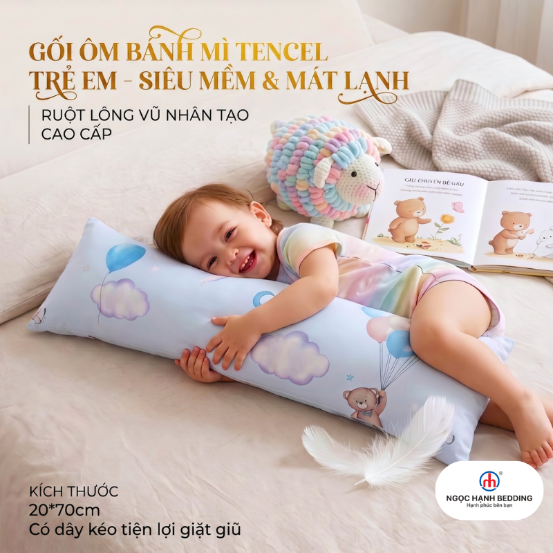Gối ôm trẻ em đi học Lụa Tencel, Gối bánh mì, Gối trẻ em Mát lạnh, mềm mại - Ngọc Hạnh Bedding