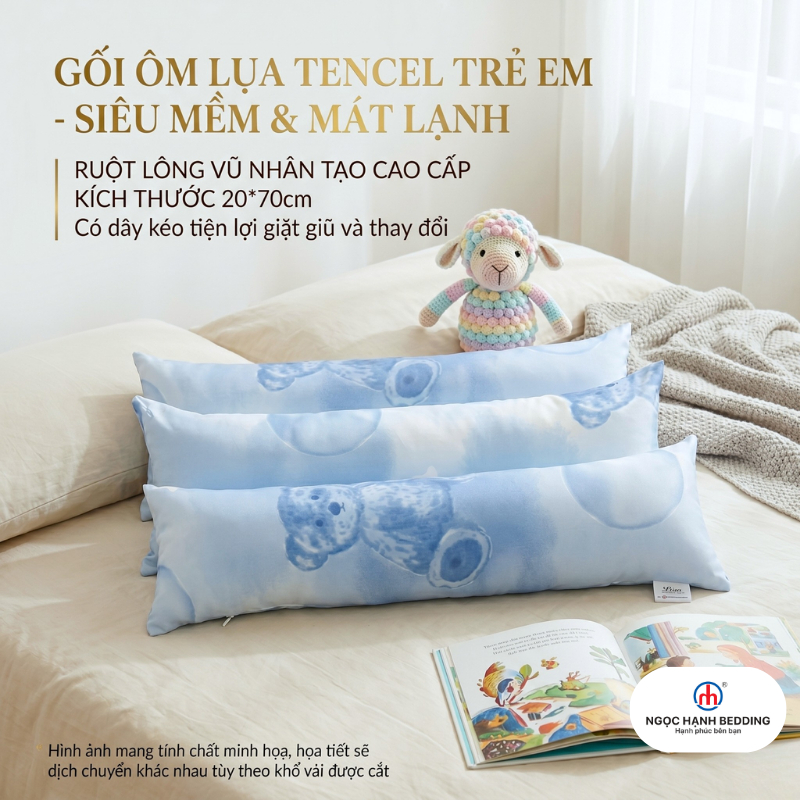 Gối ôm trẻ em đi học Lụa Tencel, Gối bánh mì, Gối trẻ em Mát lạnh, mềm mại - Ngọc Hạnh Bedding