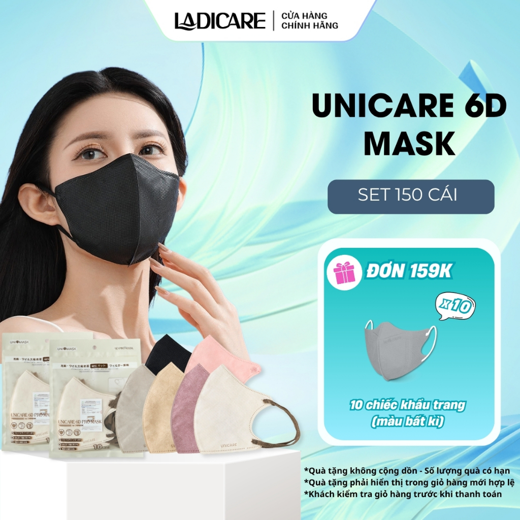 Khẩu trang 6D PRO MASK UNICARE [Thùng 150 cái] 3 lớp kháng khuẩn quai chun mềm mại không đau tai, chính hãng