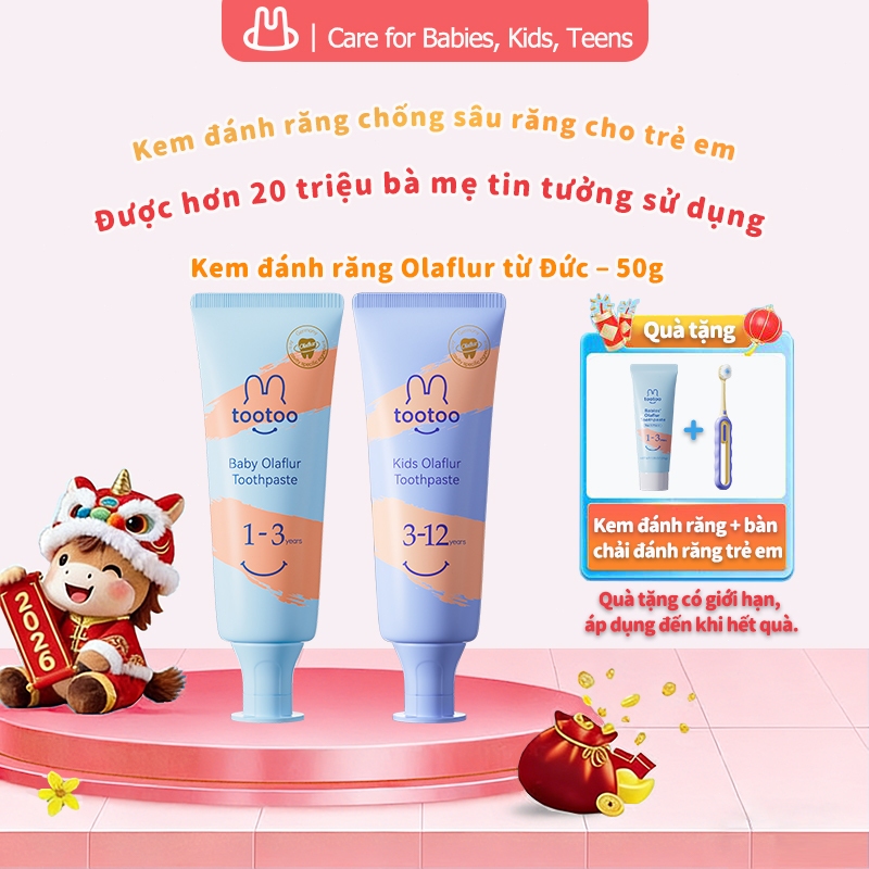 Kem đánh răng chống sâu răng tootoo Olflur dành cho trẻ em, làm sạch và bảo vệ răng, hương đào, 50g