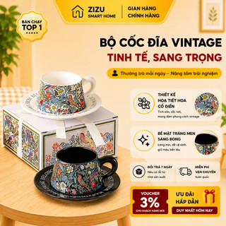 Bộ Cốc Đĩa Vintage Gốm Sứ Cao Cấp,Họa Tiết Hoa Cổ Điển Phong Cách Bắc Âu,Kèm Hộp Sang Trọng,Quà Tặng