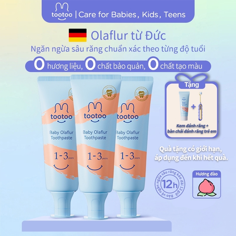 tootoo Olaflur Kem đánh răng chống sâu răng dành cho trẻ em, làm sạch và bảo vệ răng, hương đào, 50g