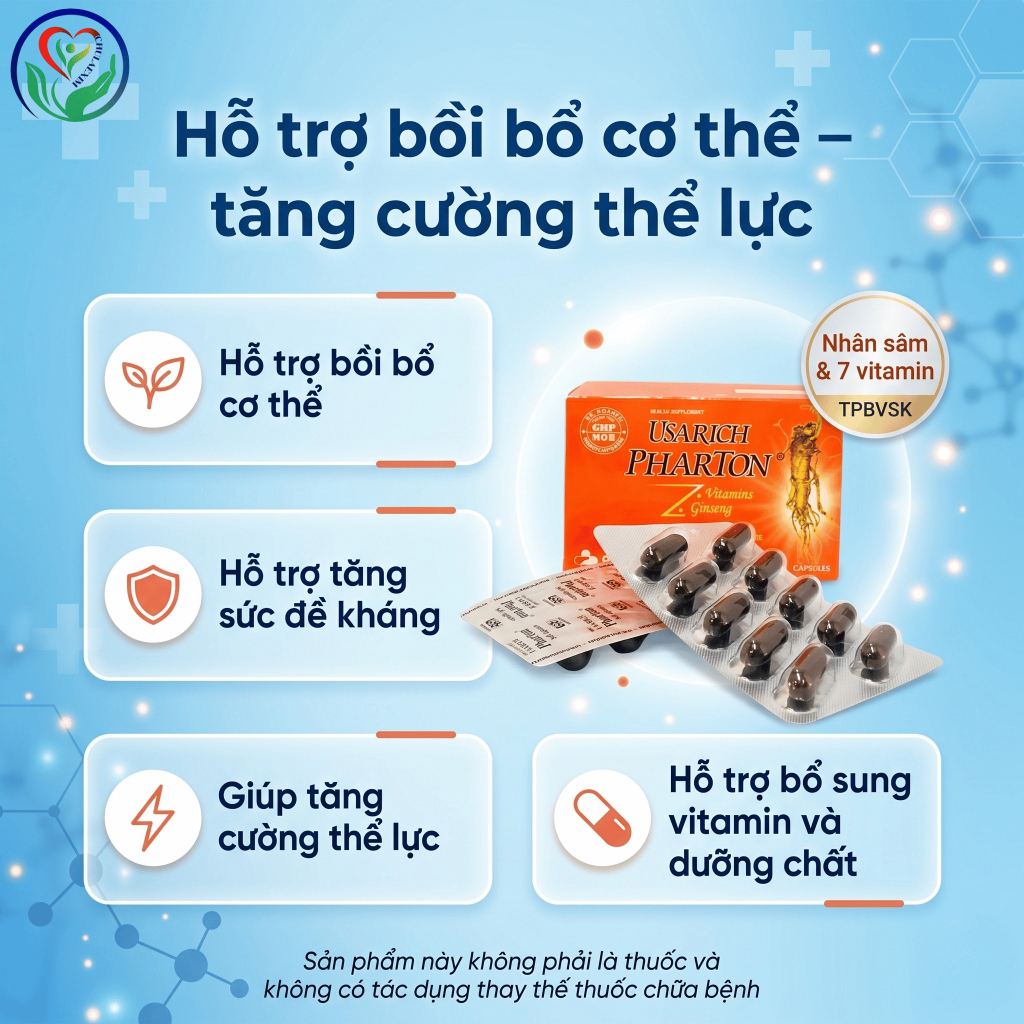Usarich Pharton PP.Pharco hộp 6 vỉ x 10 viên nang mềm, nhân sâm 7 vitamin hỗ trợ tăng sức đề kháng