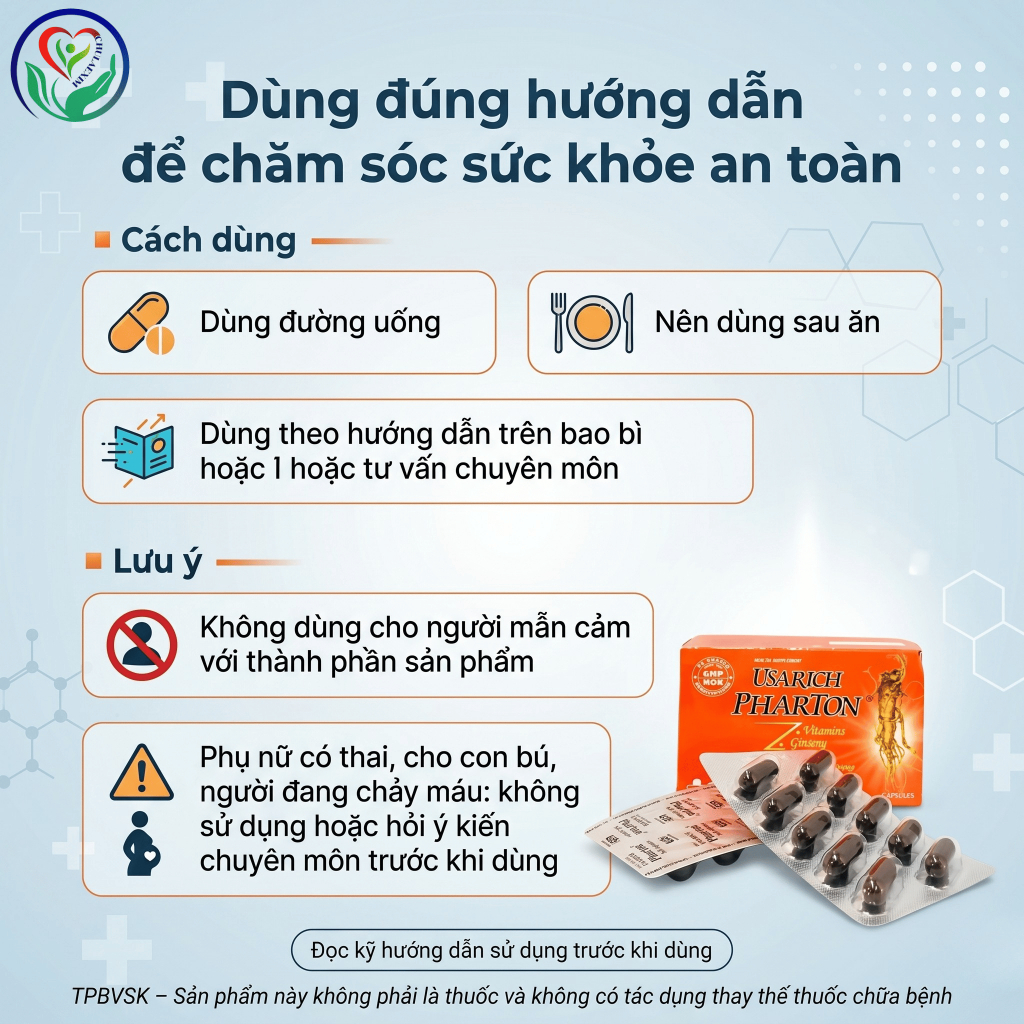 Usarich Pharton PP.Pharco hộp 6 vỉ x 10 viên nang mềm, nhân sâm 7 vitamin hỗ trợ tăng sức đề kháng