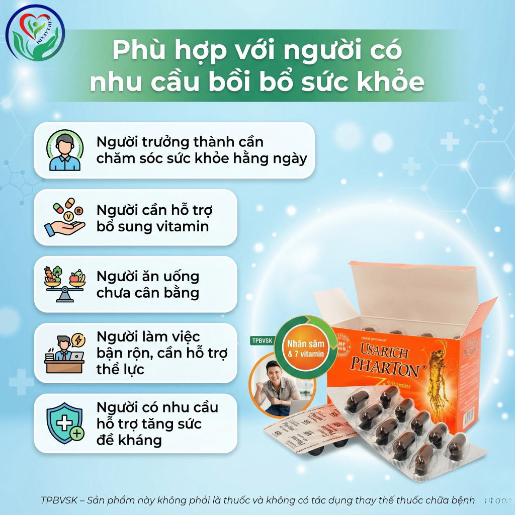 Usarich Pharton PP.Pharco hộp 6 vỉ x 10 viên nang mềm, nhân sâm 7 vitamin hỗ trợ tăng sức đề kháng