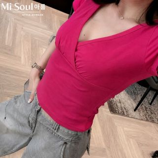 Áo Thun Cotton Bigsize Ôm Body Cổ Tim, Áo Nhún Ngực Cổ Chéo Co Giãn Basic Thoáng Mát MiSoul 582