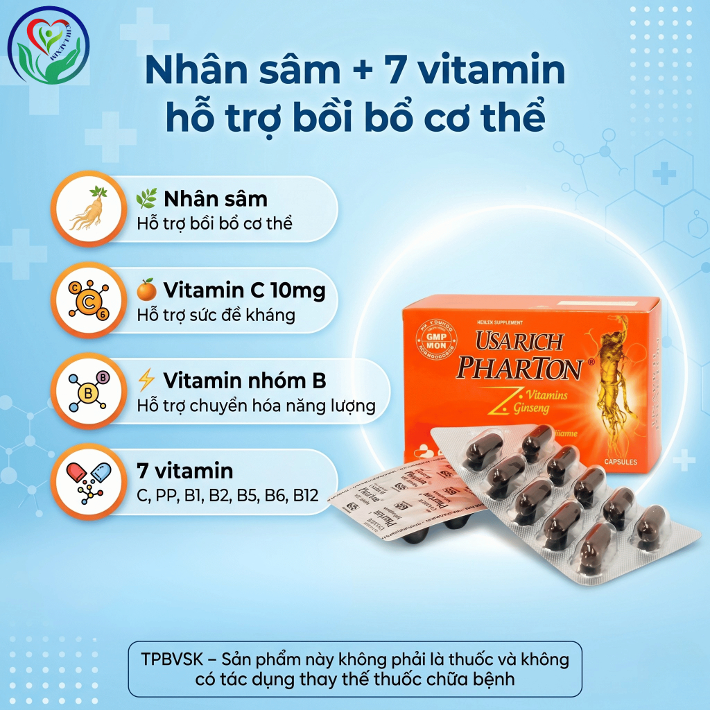 Usarich Pharton PP.Pharco hộp 6 vỉ x 10 viên nang mềm, nhân sâm 7 vitamin hỗ trợ tăng sức đề kháng
