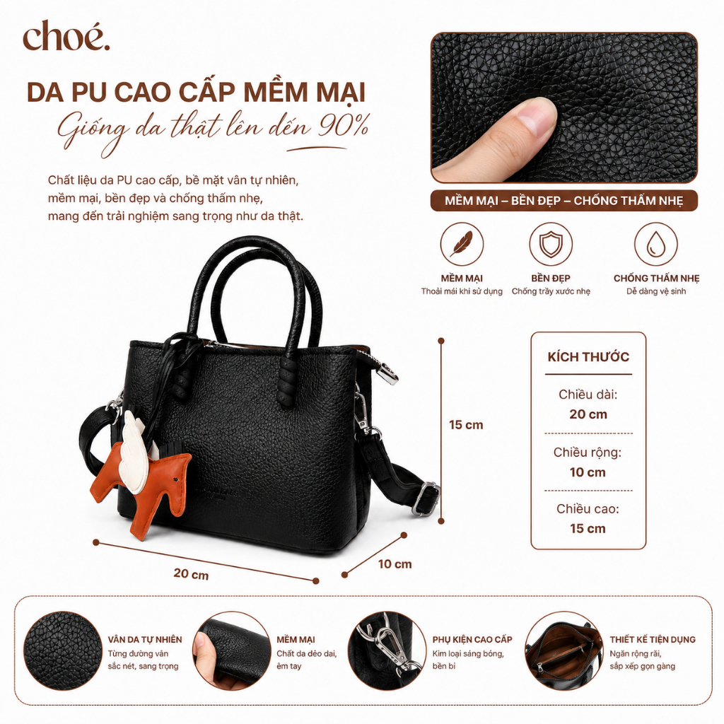[VOUCHER 100K+TẶNG CHARM NGỰA] Túi Xách Nữ Công Sở CHOÉ Da PU Cao Cấp Hai Quai Form Cứng Thanh Lịch Đi Làm 1027