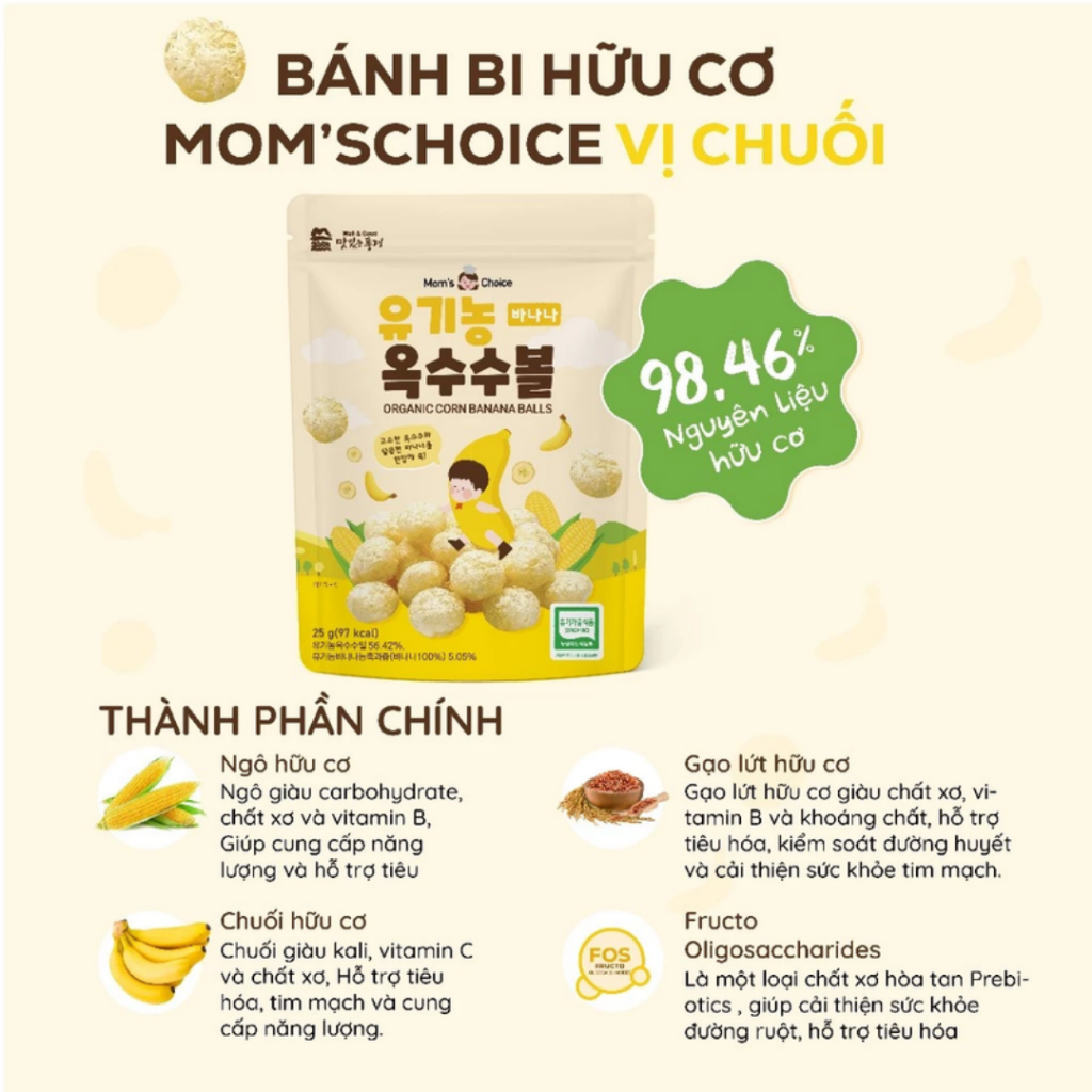 CHÍNH HÃNG NHẬP KHẨU - Bánh Bi Hữu Cơ Mom's Choice 25g Hàn Quốc, Bánh Bi Ăn Dặm Cho Bé Từ 6 Tháng, Bữa Phụ Dinh Dưỡng