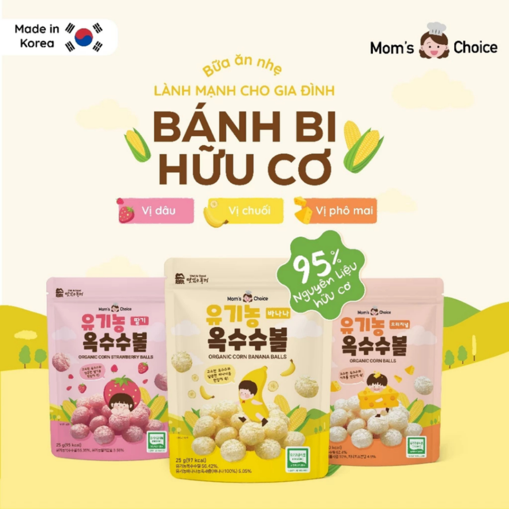 CHÍNH HÃNG NHẬP KHẨU - Bánh Bi Hữu Cơ Mom's Choice 25g Hàn Quốc, Bánh Bi Ăn Dặm Cho Bé Từ 6 Tháng, Bữa Phụ Dinh Dưỡng