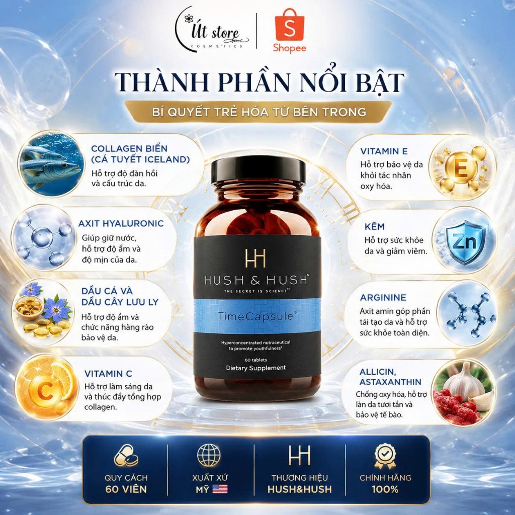 Viên uống tổng thể Time Capsule Hush & Hush chống lão hóa, ngăn ngừa gốc tự do - Hộp 60 viên
