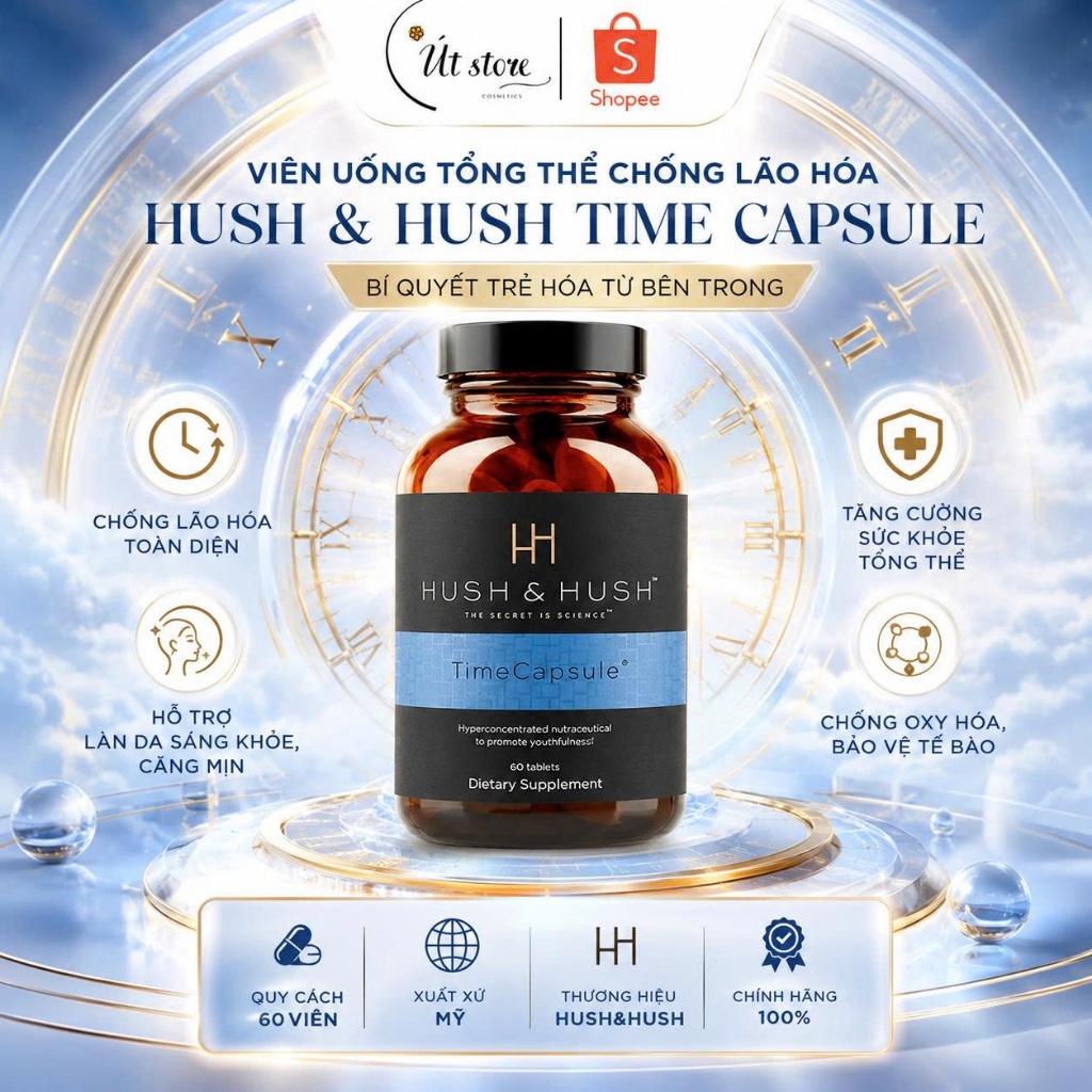 Viên uống tổng thể Time Capsule Hush & Hush chống lão hóa, ngăn ngừa gốc tự do - Hộp 60 viên