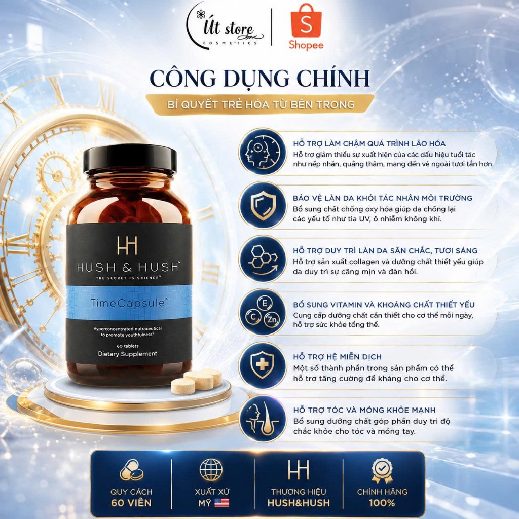 Viên uống tổng thể Time Capsule Hush & Hush chống lão hóa, ngăn ngừa gốc tự do - Hộp 60 viên