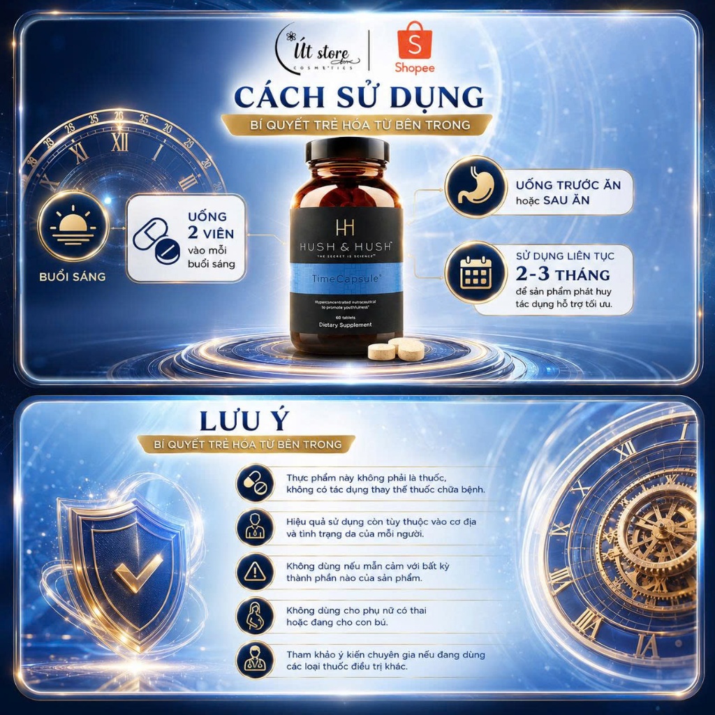 Viên uống tổng thể Time Capsule Hush & Hush chống lão hóa, ngăn ngừa gốc tự do - Hộp 60 viên
