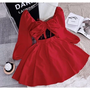 ĐẦM ĐỎ DÂY RÚT KHOÉT EO, ĐẦM NỮ ĐI TIỆC ĐI CHƠI | MEOINDAHOUSE