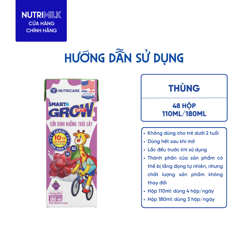Thùng 48 Hộp Sữa Trái Cây SMARTA GROW OPTI Nutricare 110ML Giúp Bé Phát Triển Chiều Cao Xương Chắc Khoẻ Cho Bé Từ 2 Tuổi