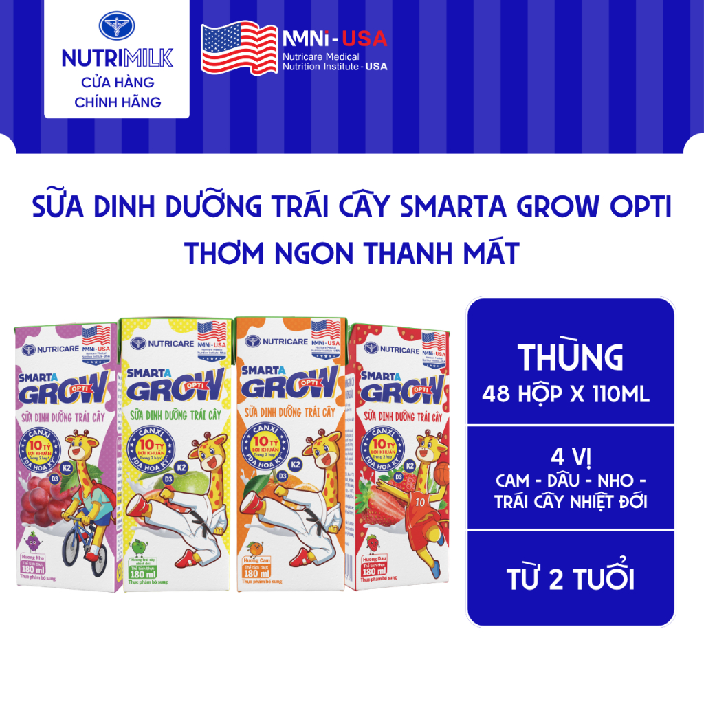 Thùng 48 Hộp Sữa Trái Cây SMARTA GROW OPTI Nutricare 110ML Giúp Bé Phát Triển Chiều Cao Xương Chắc Khoẻ Cho Bé Từ 2 Tuổi