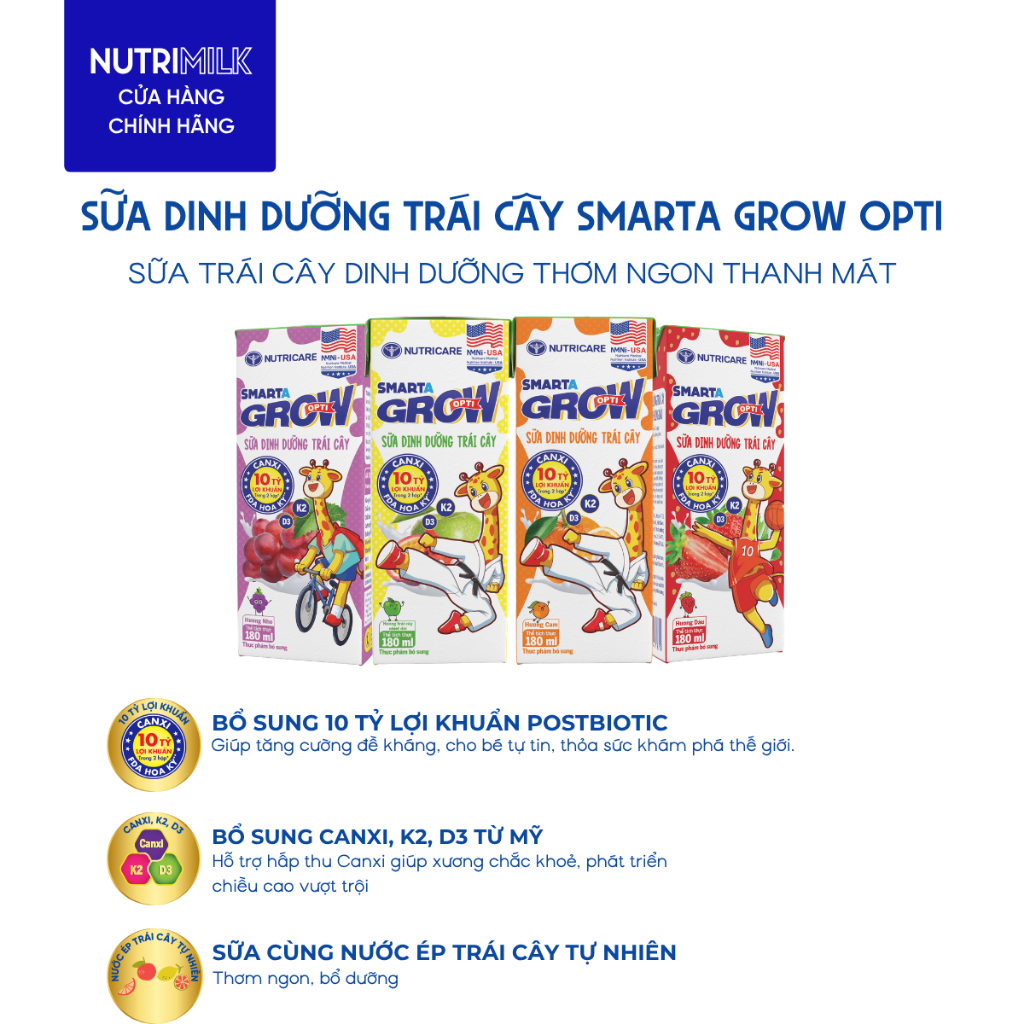 Thùng 48 Hộp Sữa Trái Cây SMARTA GROW OPTI Nutricare 110ML Giúp Bé Phát Triển Chiều Cao Xương Chắc Khoẻ Cho Bé Từ 2 Tuổi