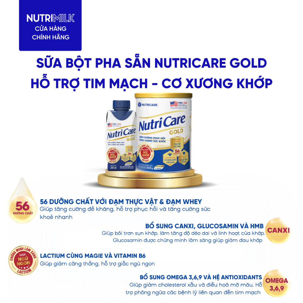 Thùng 18 Hộp Sữa Bột Pha Sẵn NUTRICARE GOLD 200ml Giúp Ngủ Ngon Hỗ Trợ Tim Mạch Cơ Xương Khớp Dễ Hấp Thụ Tiêu Hoá Tốt