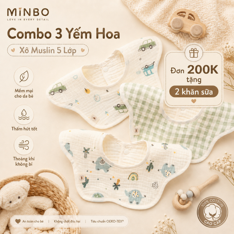 Set 3 Yếm Hoa Xô Muslin Cho Bé MINBO 5 Lớp Xoay 360 Độ, Yếm Chảy Dãi Ăn Dặm Cho Bé Sơ Sinh