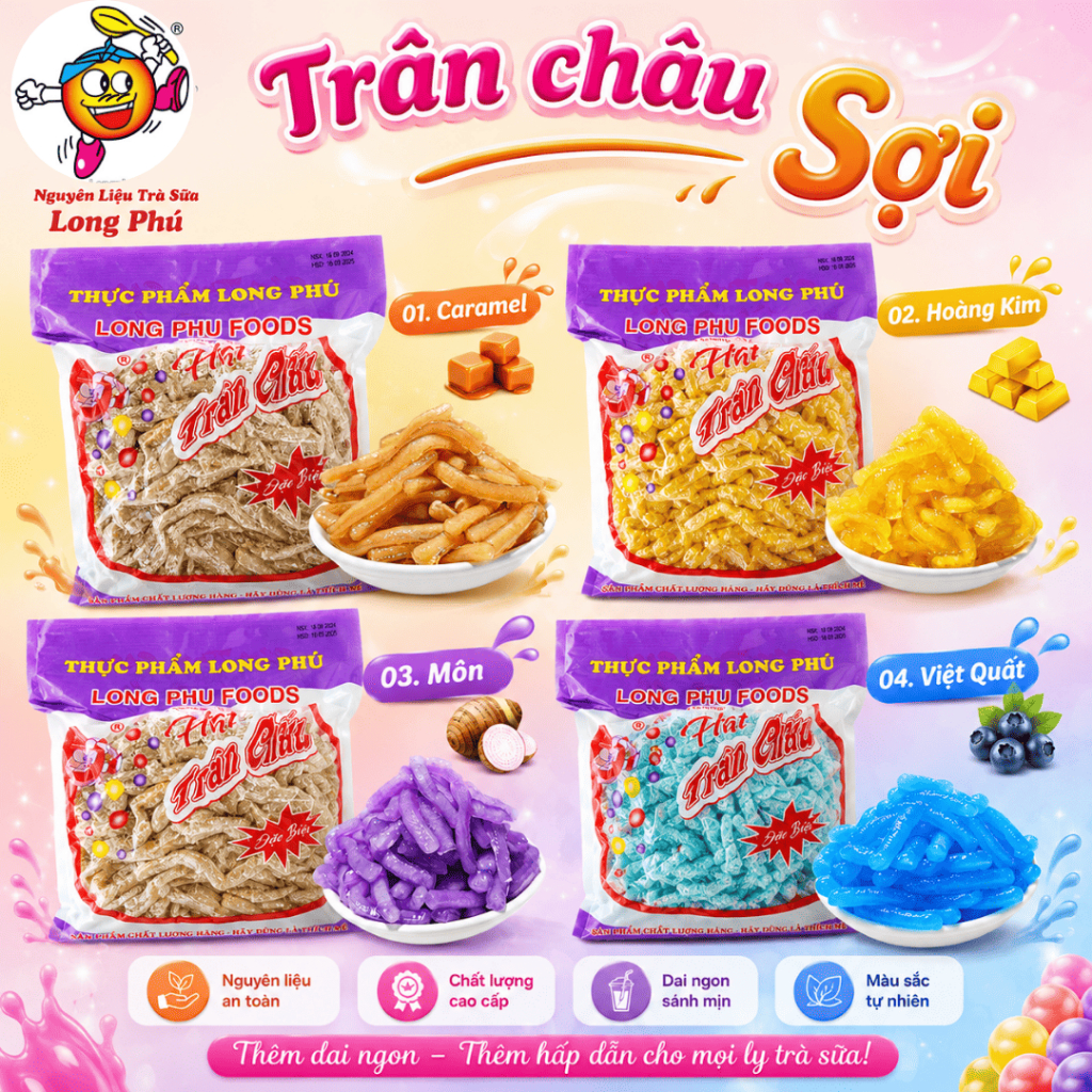 Trân Châu Sợi LONG PHÚ Gói 1kg Có nhiều vị - Topping Nguyên Liệu Trà Sữa Dẻo Dai Thơm Mềm