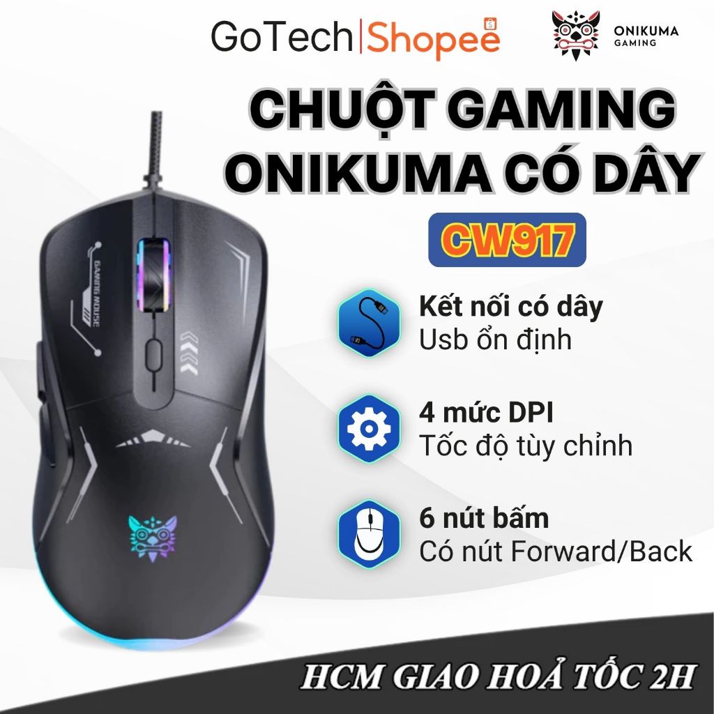Chuột Gaming Onikuma CW917, Có Dây Dài 1.3m, Có Đèn RGB 7 Màu, DPI 3600, 6 Nút Bấm, Bảo Hành Uy Tín