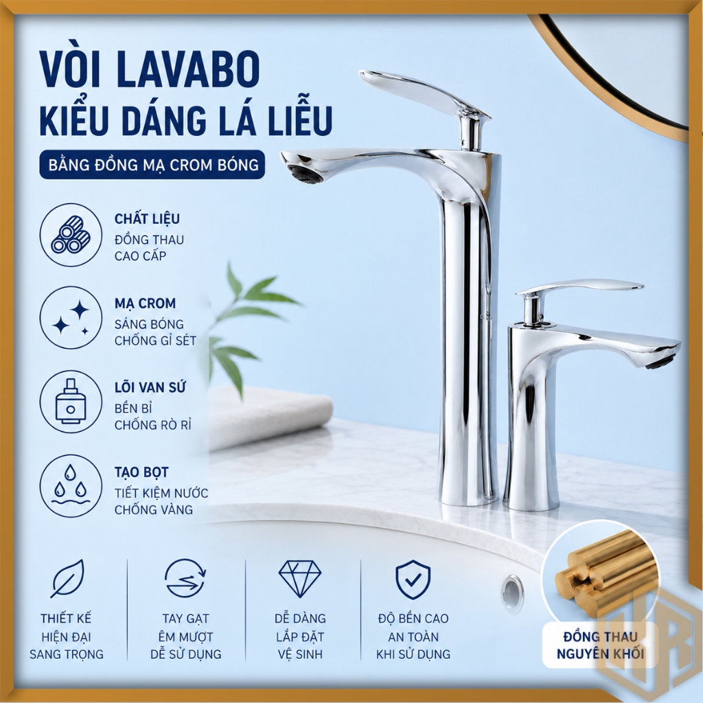Vòi lavabo, bồn rửa mặt nóng lạnh kiểu dáng lá liễu bằng đồng mạ inox 30cm dành cho bàn đá