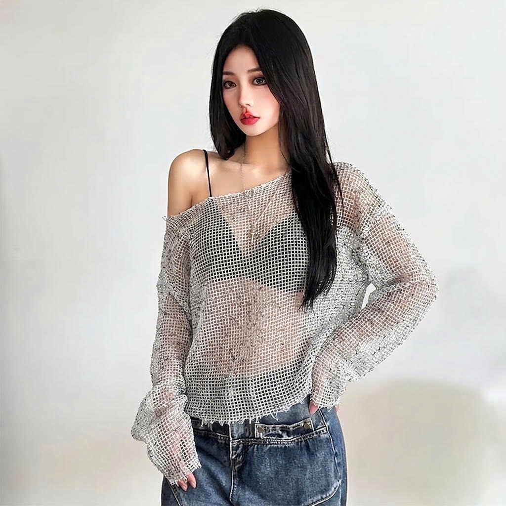 Áo Kiểu Nữ BABEE Chất Lưới Xuyên Thấu Tay Dài Trễ Vai Không Kèm Bikini Gợi Cảm Xinh Xắn Cá Tính