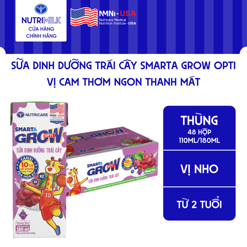 Thùng 48 Hộp Sữa Trái Cây SMARTA GROW OPTI Nutricare Vị Nho Hỗ Trợ Phát Triển Chiều Cao Tiêu Hoá Khoẻ Cho Bé Từ 2 Tuổi