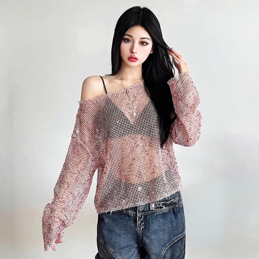 Áo Kiểu Nữ BABEE Chất Lưới Xuyên Thấu Tay Dài Trễ Vai Không Kèm Bikini Gợi Cảm Xinh Xắn Cá Tính