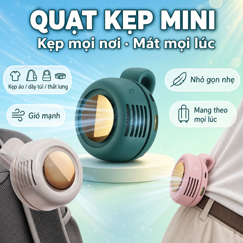 Quạt mini kẹp, màu macaron, quạt mini USB đeo ngang eo, quạt không cánh, độ ồn thấp.
