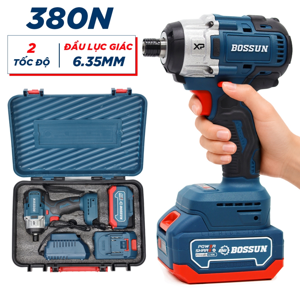 Máy Chuyên Vít Không Chổi Than Bossun BS-CV380NCP 380N.m 21V, Đầu Gài 6.35mm, LED Siêu Sáng, Kèm Pin Sạc