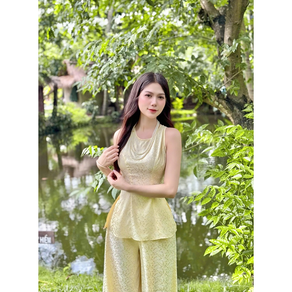 Hân Nguyễn Áo Bà Ba - B.A204 - Set Gấm Mùa Hè Họa Tiết Ánh Lông Công (Quần Lưng Thun Cùng Chất)