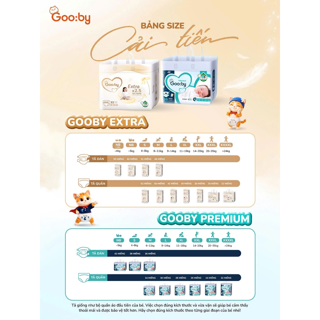 (Combo quà) Tã/bỉm Gooby Premium - Bỉm đêm siêu mỏng mềm mại, chống tràn đủ size cho bé 4-30KG
