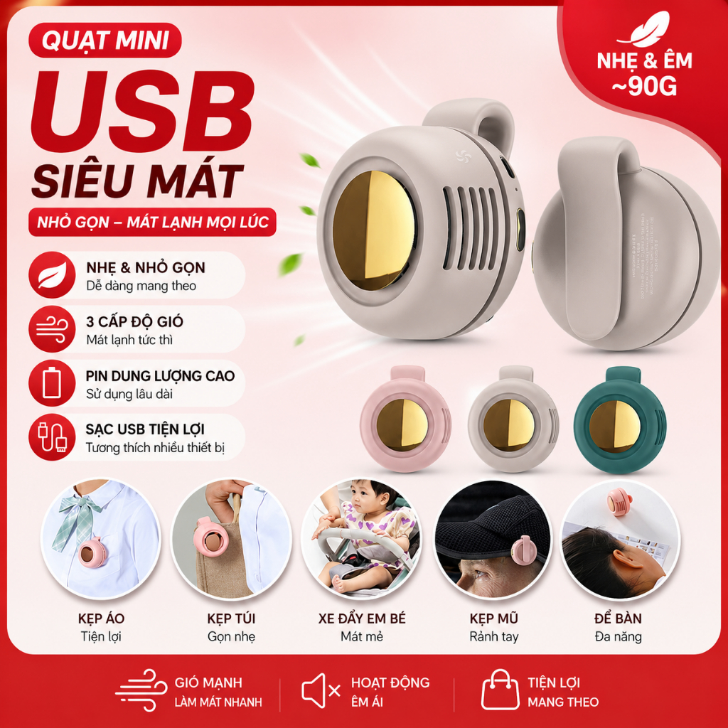 Quạt mini kẹp, màu macaron, quạt mini USB đeo ngang eo, quạt không cánh, độ ồn thấp.