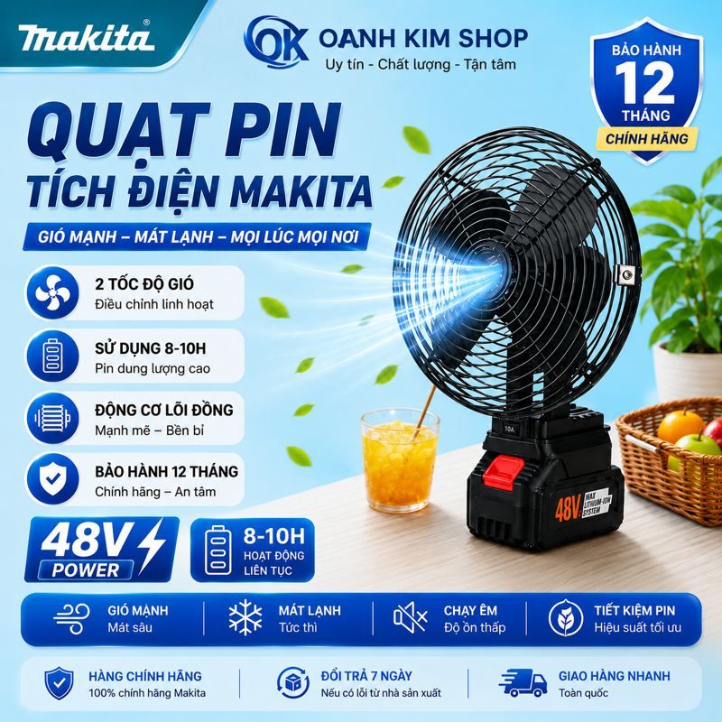 Quạt Tích Điện Makita 10-20-30Cell, Thời Gian Sử Dụng 4-10h, 2 Chế Độ Gió Mạnh, Siêu Mát