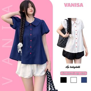 Áo sơ mi kiểu nữ bèo cổ sen tay bồng dáng babydoll form rộng xanh đen siêu xinh VANISA SM933