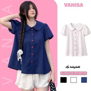 Áo babydoll dáng sơ mi kiểu cổ bèo sen tay phồng form rộng siêu xinh xanh đen VANISA SM933
