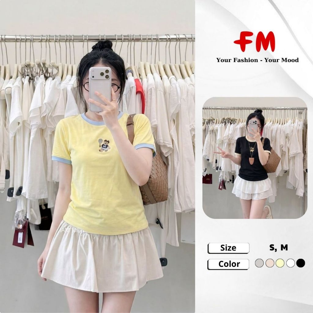 Áo Thun Nữ Korea Thêu Gấu Phối Viền FMSTYLE Form Babytee Trẻ Trung 26051210