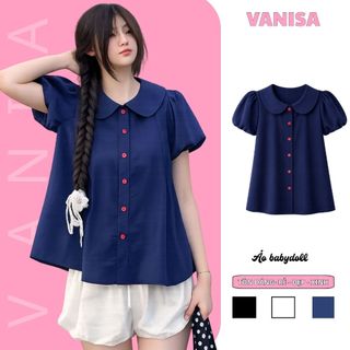 Áo sơ mi nữ kiểu cổ bèo sen tay bồng dáng babydoll form rộng xanh đen siêu xinh VANISA SM933