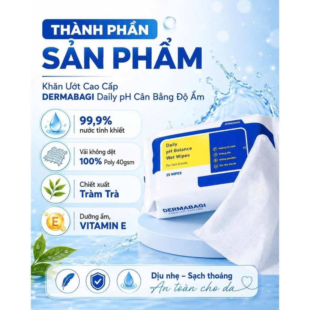 Khăn Ướt DERMABAGI Daily pH Balance Wet Wipes 25 Tờ - Cân Bằng pH, Làm Sạch Dịu Nhẹ Face & Body, Hương Trà Xanh | BigBuy360 - bigbuy360.vn