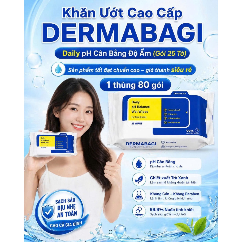 Khăn Ướt DERMABAGI Daily pH Balance Wet Wipes 25 Tờ - Cân Bằng pH, Làm Sạch Dịu Nhẹ Face & Body, Hương Trà Xanh | BigBuy360 - bigbuy360.vn