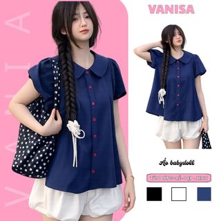 Áo babydoll tay bồng kiểu cổ bèo sen form rộng dáng sơ mi siêu xinh xanh đen VANISA SM933