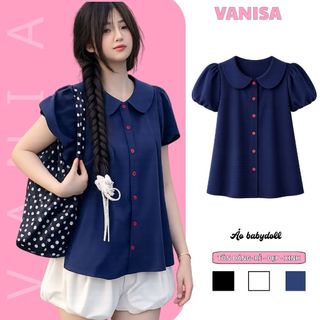 Áo sơ mi nữ dáng babydoll kiểu cổ bèo sen tay bồng form rộng xanh đen siêu xinh VANISA SM933