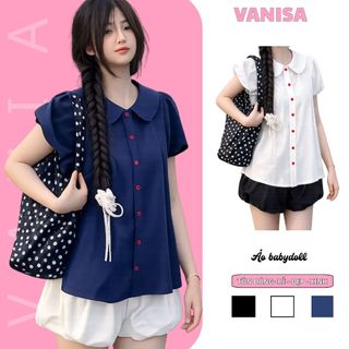 Áo sơ mi tay bồng nữ cổ bèo sen dáng babydoll form rộng xanh đen siêu xinh VANISA SM933