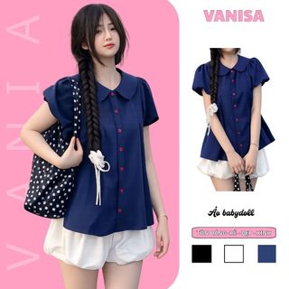 Áo babydoll dáng sơ mi kiểu cổ bèo sen tay phồng form rộng siêu xinh xanh đen VANISA SM933